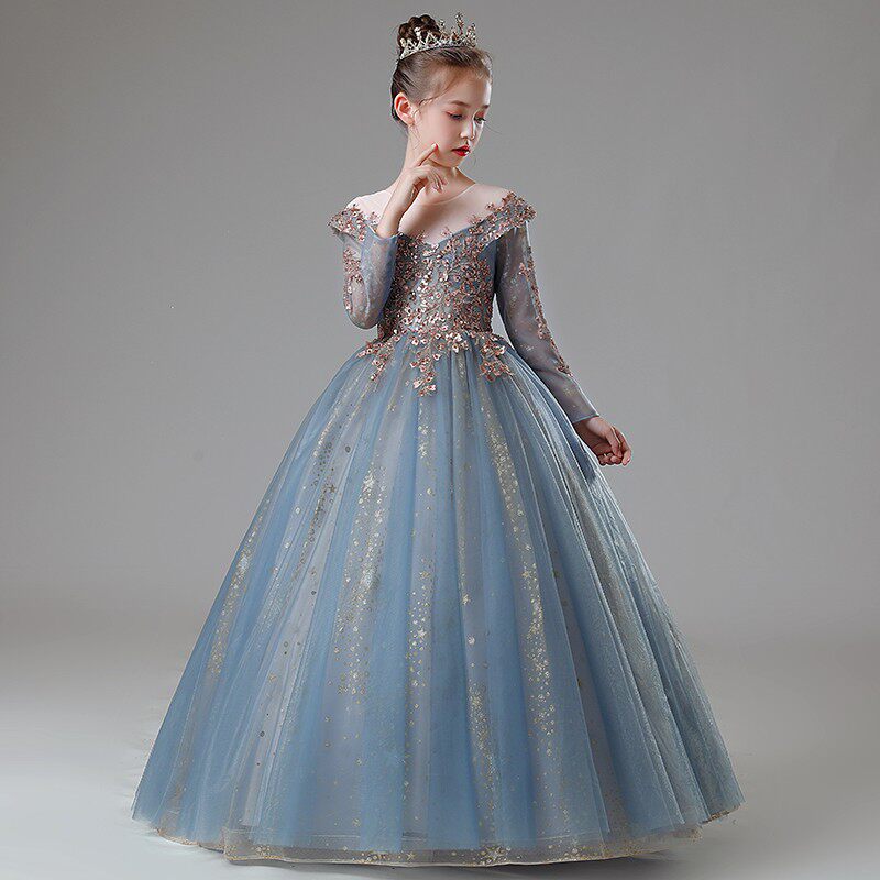 儿童晚礼服秋冬长袖女童公主裙高端小主持人钢琴演出服生日蓬蓬纱