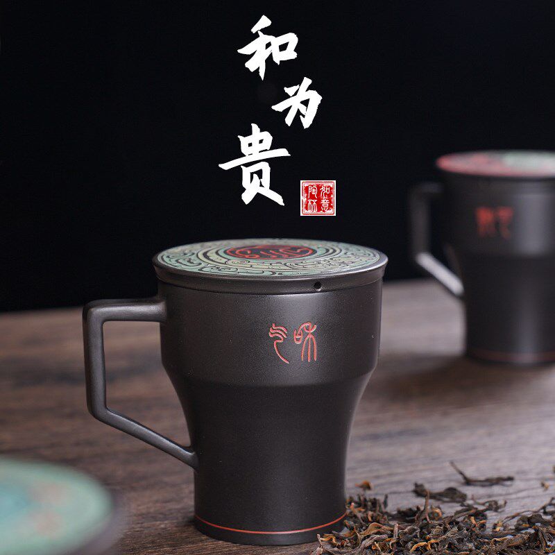 建水紫陶办公杯泡茶喝水杯子非紫砂男女士款大容量手工中式复古