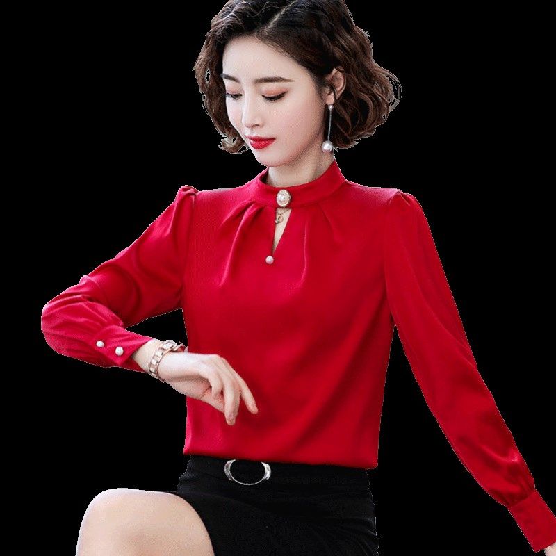 雪纺衬衫女长袖衬衣洋气红色小衫2021年新款春季新款打底上衣秋冬