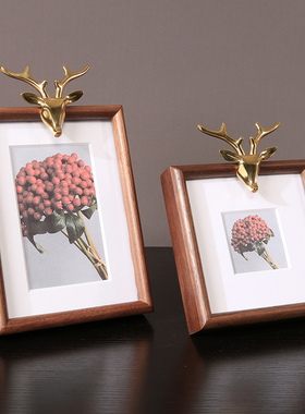 新中式胡桃木铜鹿相框摆件画框照片摆台书房样板间桌面装饰品摆件