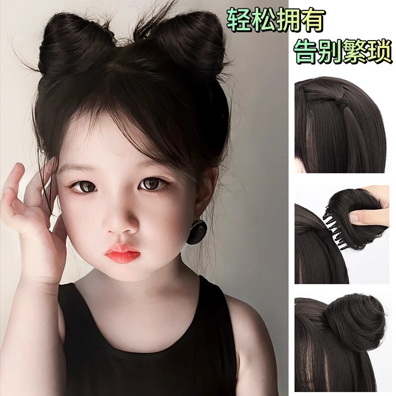 儿童假发女童猫耳朵双丸子头网红发包汉服头饰可爱发圈盘发神器