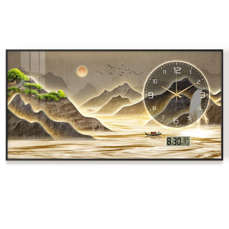 威弗列德餐厅时钟挂画山水家用客厅电子钟挂墙万年历新款钟表挂钟