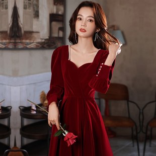 高端新娘酒红色敬酒服平时可穿高级感礼服回门结婚长袖长款连衣裙