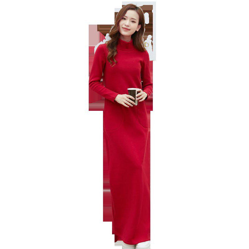 新款高领加绒加厚口袋连衣裙胖妹妹大码200斤超长拖地长裙女长袖