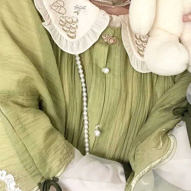 汉元素汉服国风日常改良版宽松倒大袖绿色衬衫上衣短款马面裙套装