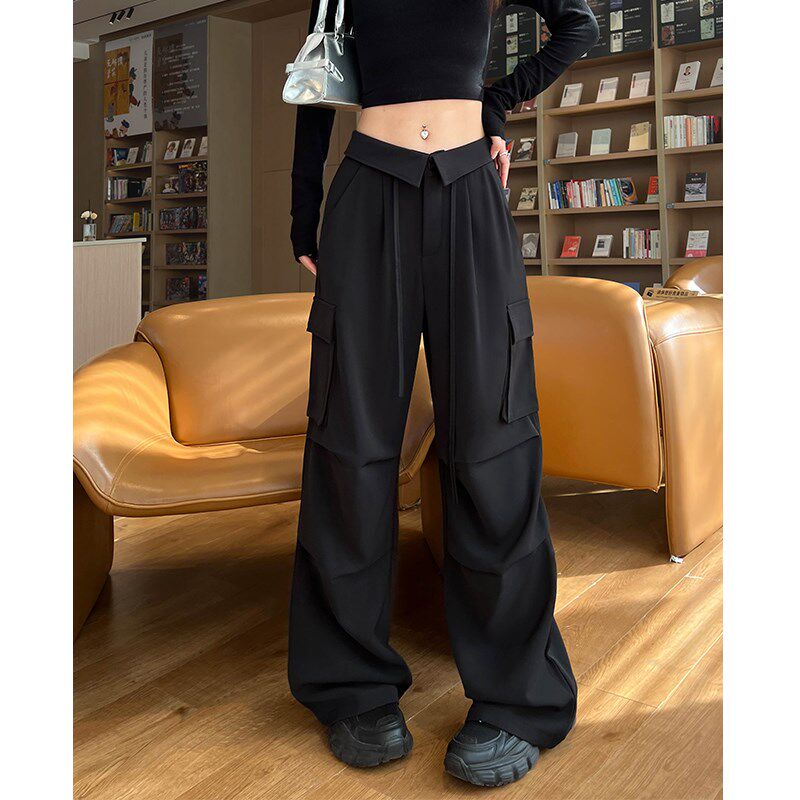 黑色工装裤女春秋宽松显瘦大码胖mm休闲西装阔腿裤梨型身材直筒裤