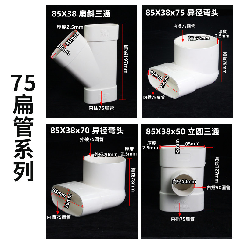 PVC扁管厕所厨房阳台卫生间配件地漏移位器50 75 110椭圆塑料管子