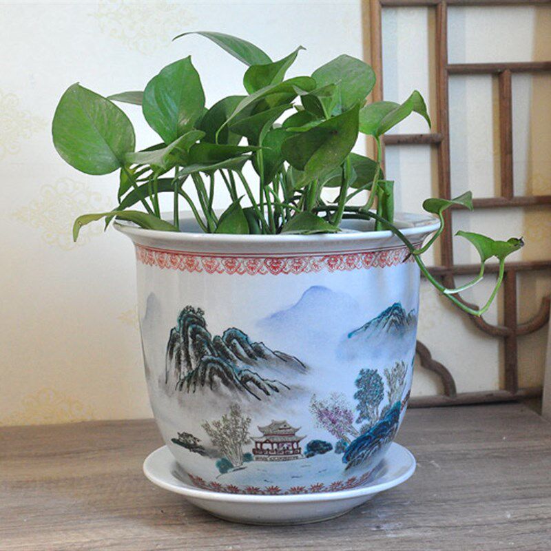 景德镇陶瓷器花盆树盆手绘中国风兰花盆粉彩山水花钵特大号室内