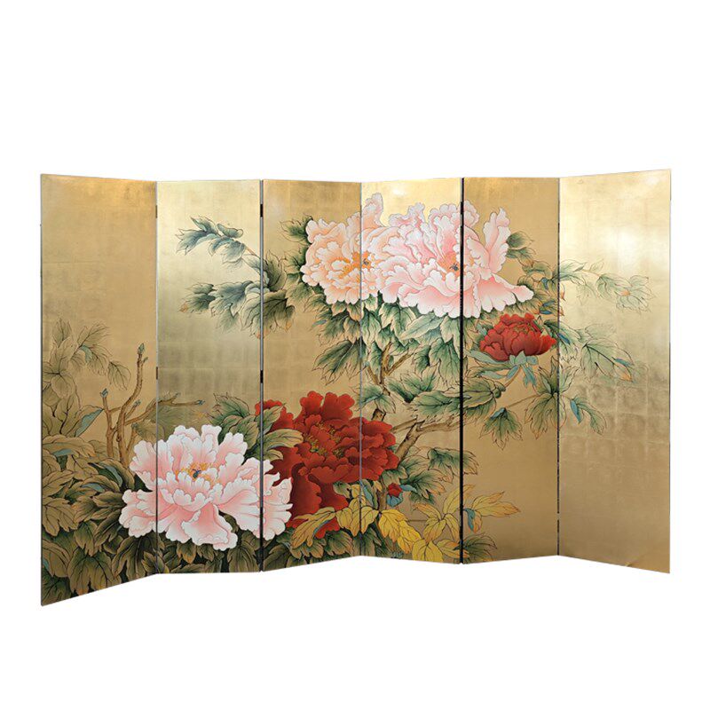 定制纯手绘花鸟牡丹金箔漆画屏风茶室玄关书房办公折屏折叠背景墙