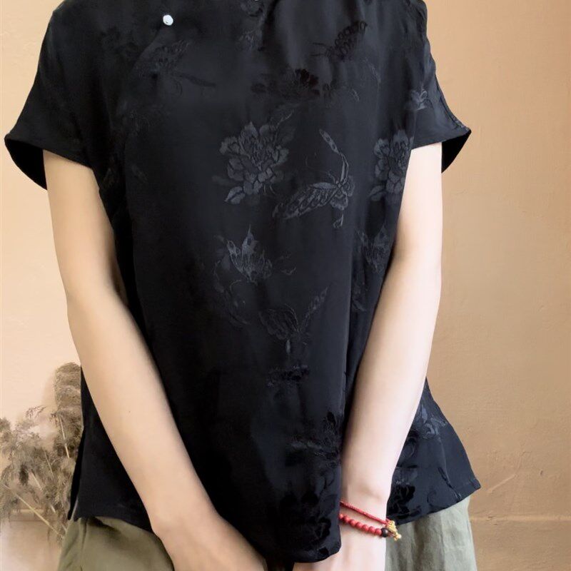 黑色提花优雅短袖文艺显瘦衬衫古典国风莲花扣上衣复古立领茶服