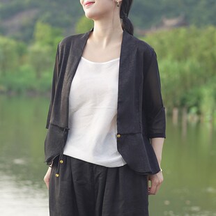 艾绘馆春夏季中式复古盘扣开衫上衣女黑色小外套休闲改良唐装茶服