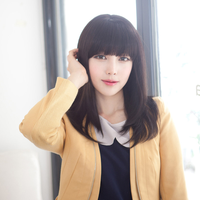 真发假发女齐刘海中长直发 时尚女士自然逼真长发真人发丝假发套
