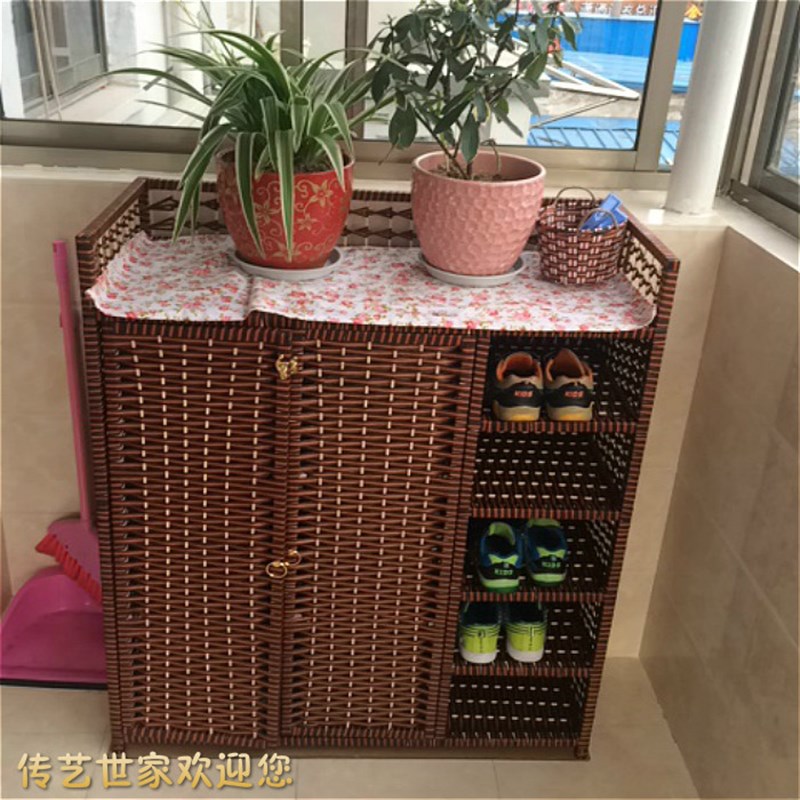 环保简约创意鞋柜大家用草编藤编田园置物门厅柜实木编织储物柜