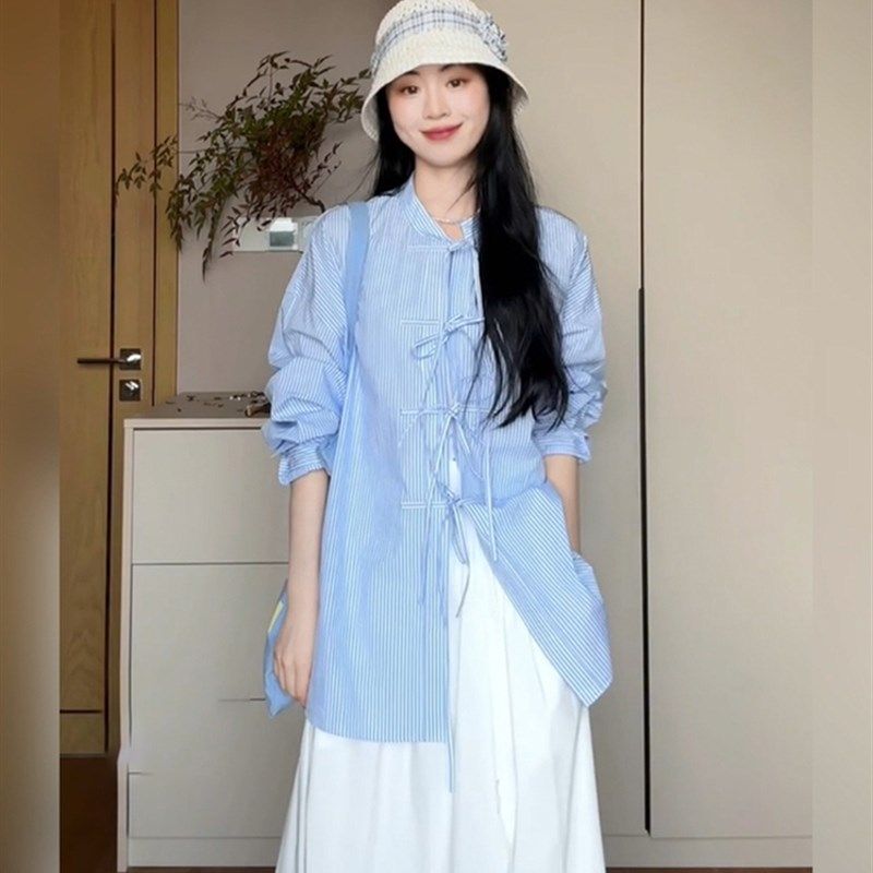 XZY/欣争艳 胖mm简约新中式条纹衬衫上衣女夏宽松显瘦半身裙套装