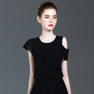 黑色短袖雪纺荷叶露肩上衣性感2021新款女夏季圆领纯棉t恤女宽松