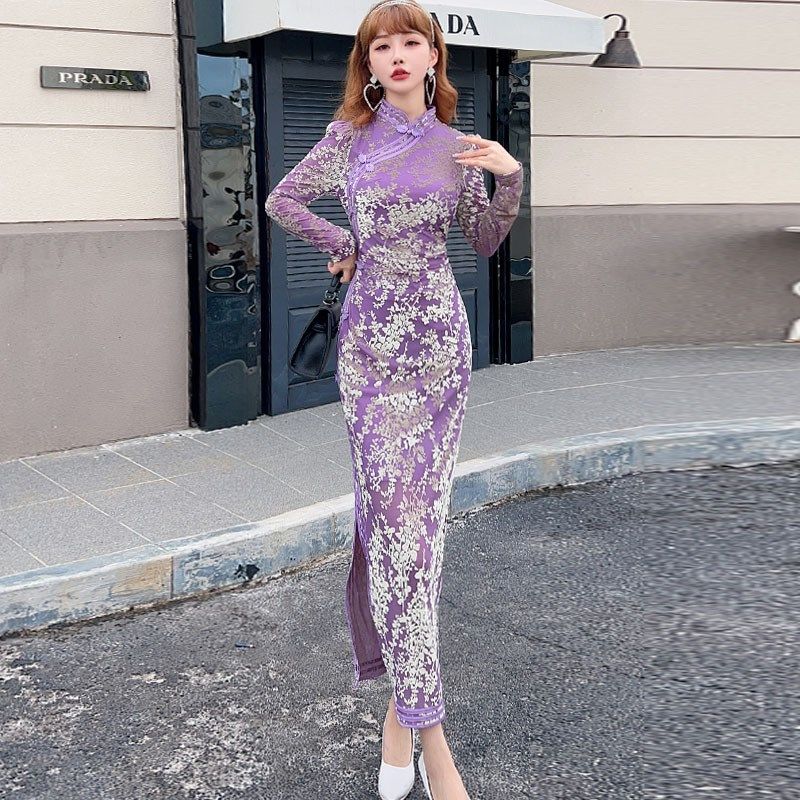 超火新中式显身材改良旗袍年轻款高端气质显瘦长袖连衣裙女秋冬款