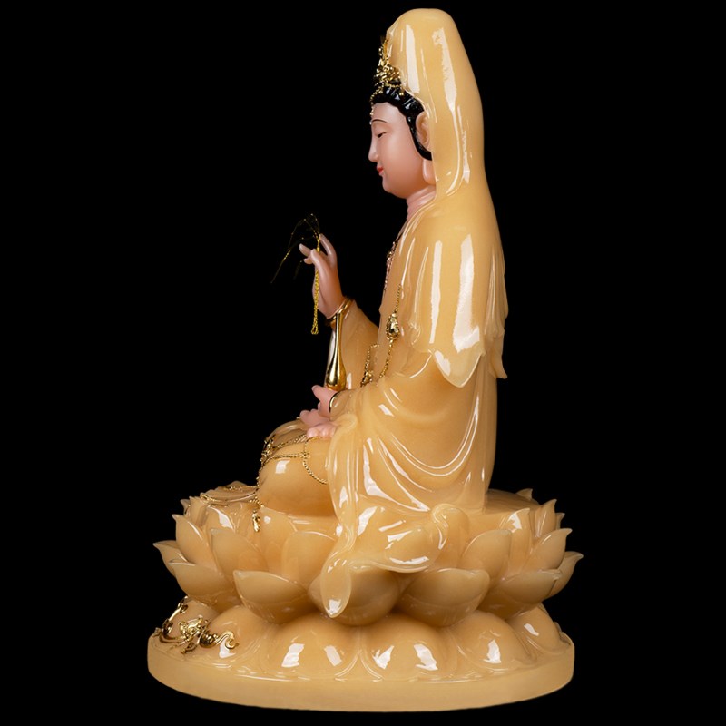 观音菩萨汉白玉石雕家用供奉坐莲南海观世音神像娑婆三圣佛像摆件
