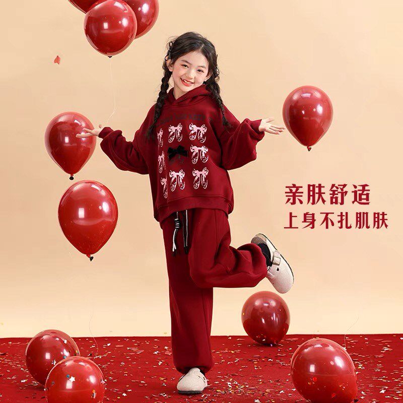 女童过年套装2025冬季加绒红色卫衣两件套儿童新年本命年衣服女孩