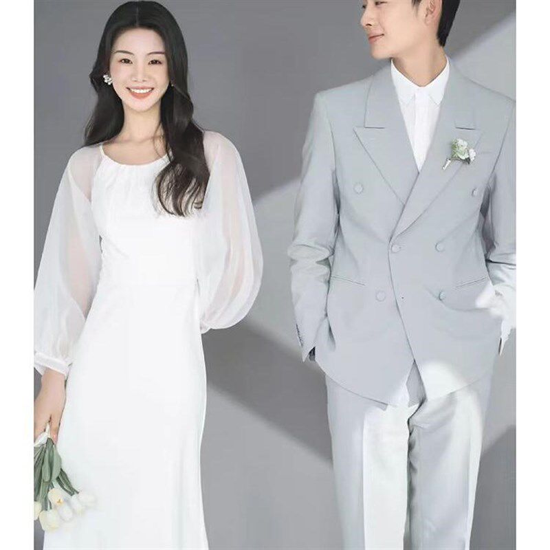 法式白色缎面长袖简约订婚出门迎宾轻婚纱新娘结婚敬酒晚宴礼服裙