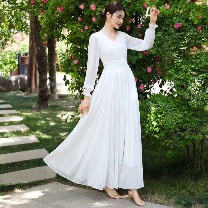 复古V领长袖系带白色显瘦大摆雪纺抽绳连衣裙长款海边度假长裙子
