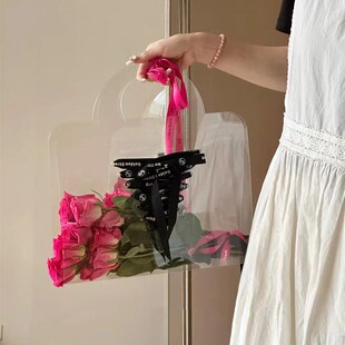 PVC透明鲜花包花手提袋鲜花袋伴手礼袋高透明简约花艺包装定制