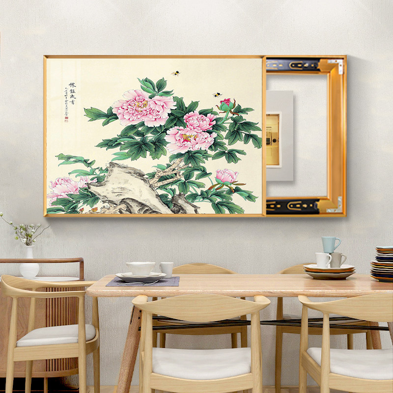 牡丹花开富贵新中式电表箱装饰画免打孔配电箱挂画餐厅画遮挡壁画,家居饰品,现代装饰画,淘宝优惠券,粉丝福利购,淘宝优惠卷