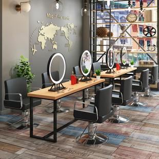 网红发廊美发镜台理发店单双面镜子带灯实木烫染桌化妆专用梳妆镜