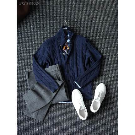 CssuGent秋冬老钱风立领麻花羊毛针织衫外套男恩巴风覆古新贵毛衣