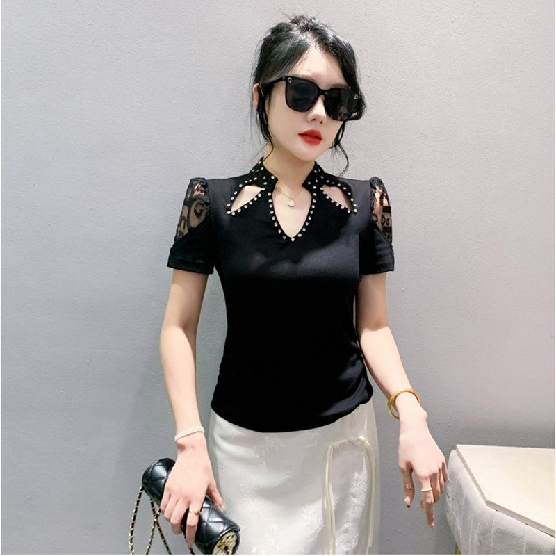 性感镂空镶钻夏季网纱拼接短袖修身百搭时尚洋气T恤女上衣小衫潮,女装/女士精品,T恤,淘宝优惠券,粉丝福利购,淘宝优惠卷