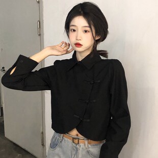 新中式盘扣白色衬衫女长袖秋装中国风大码胖MM气质修身旗袍上衣