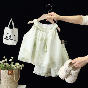 女童国风套装夏季新款儿童洋气吊带背心短裤两件套女宝宝薄款夏天