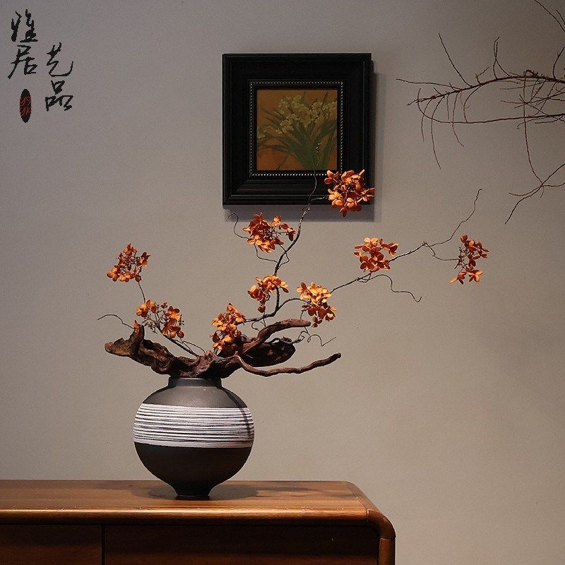 新中式禅意陶瓷花瓶摆件侘寂风客厅玄关粗陶插花器实木艺术装饰品,家居饰品,花瓶,淘宝优惠券,粉丝福利购,淘宝优惠卷