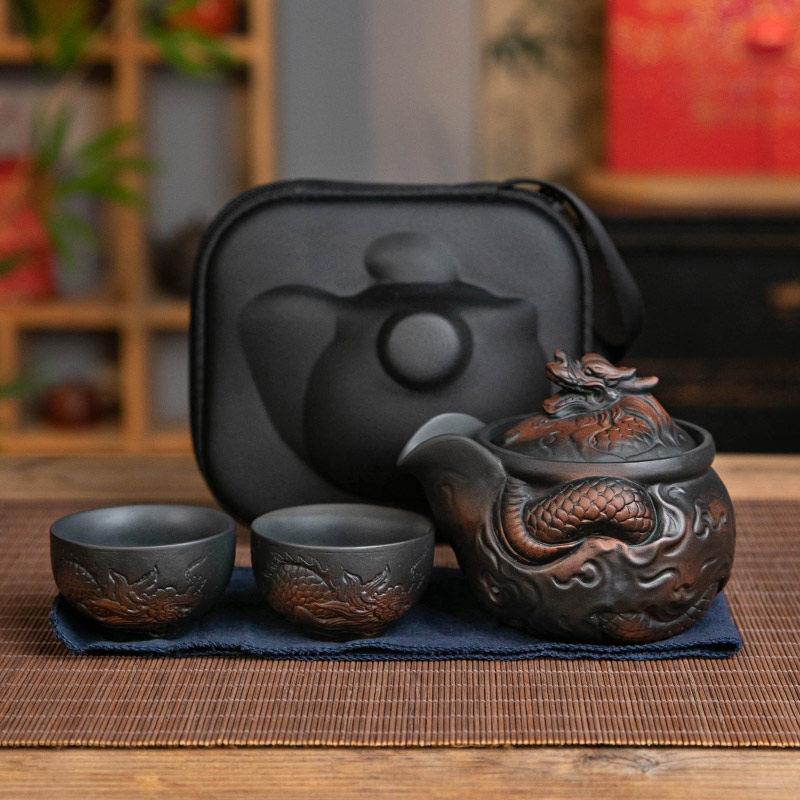 紫陶全手工堆雕腾龙手抓壶陶瓷紫砂旅行茶具一壶两杯功夫茶具套组