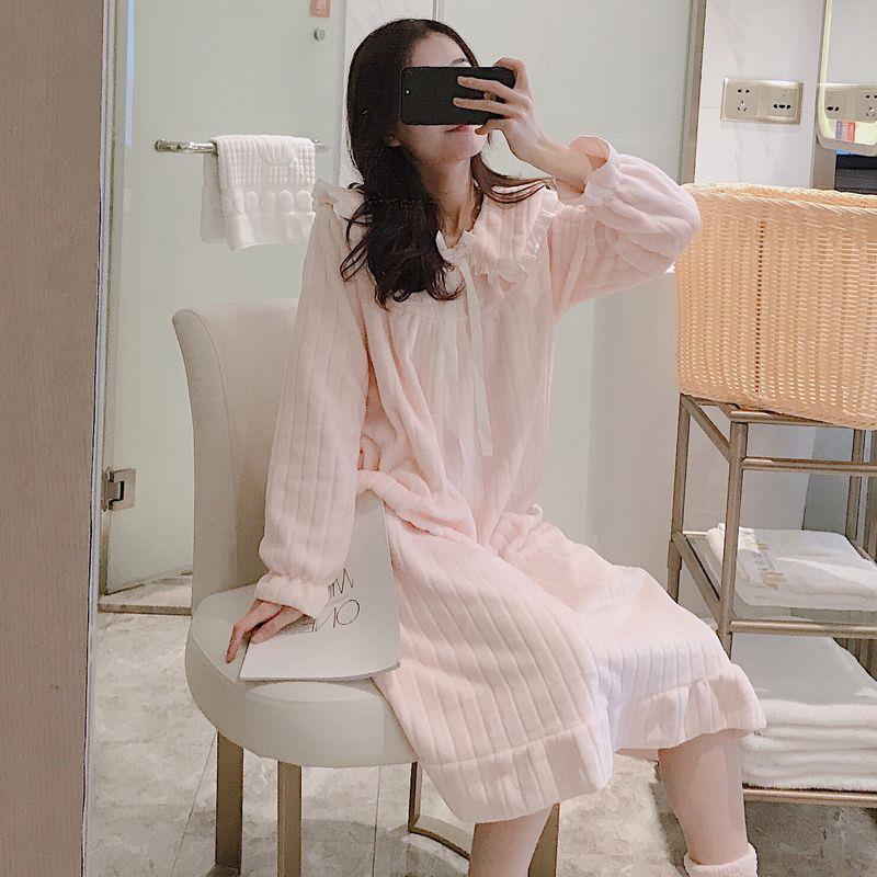 少女甜美可爱娃娃领珊瑚绒睡衣秋冬季法式宫廷公主风睡裙女中长款