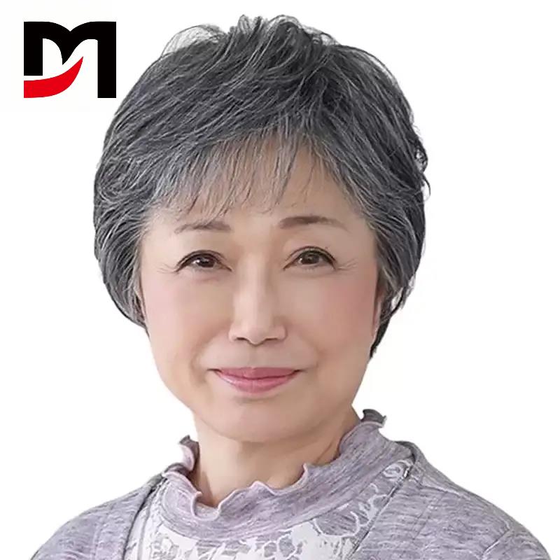 中老年假发女短发妈妈款真头发透气 女士花白色奶奶假发套全真发