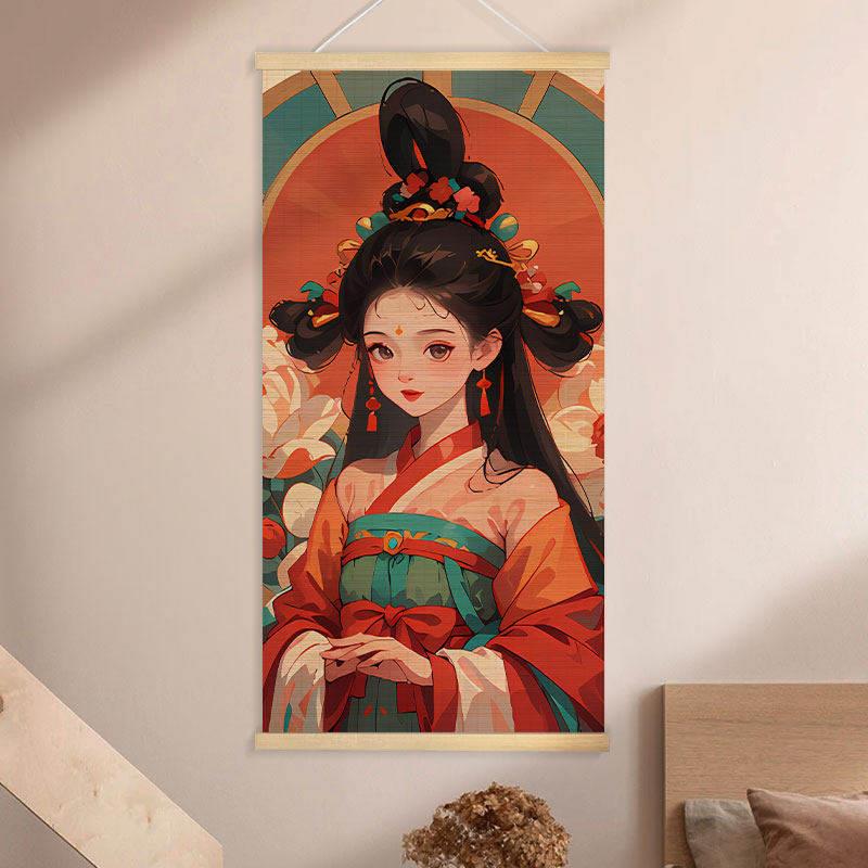 新中式中国古风人物复古装美女房间卧室床头背景竹帘挂画装饰画