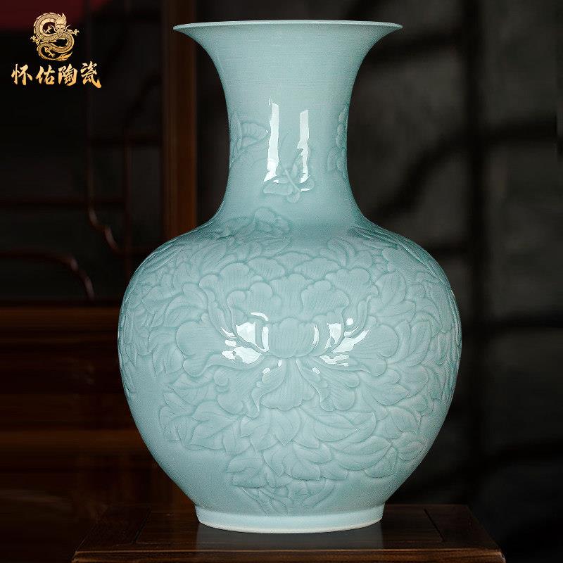 青瓷浮雕天青釉牡丹花景德镇陶瓷器家居客厅特大号花瓶工艺品摆饰