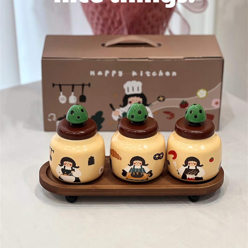 家用调味料收纳罐盐罐鸡精罐子可爱陶瓷调味盒乔迁实用礼物礼品装