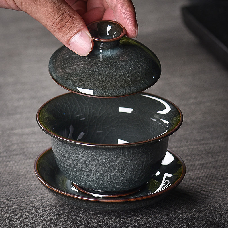 青瓷三才盖碗茶杯大号龙泉铁胎冰裂手工陶瓷泡茶功夫茶具单个家用