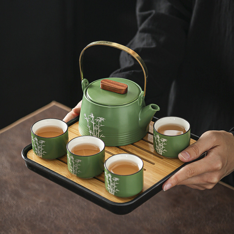 君子竹一壶四杯功夫茶具家用蓄水干泡茶盘简约过滤茶壶茶杯小套装