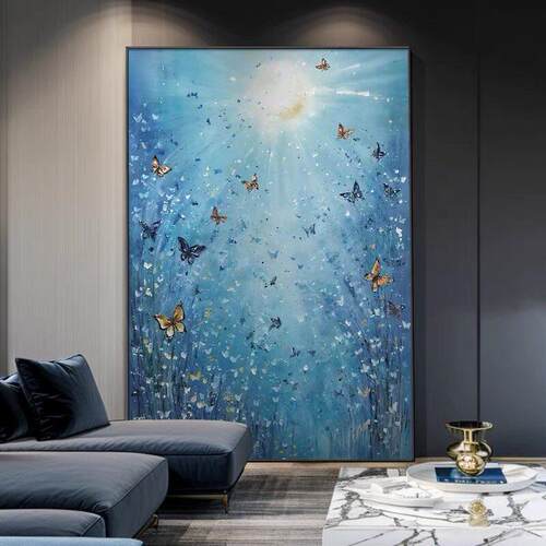 《蓝海梦蝶》蝴蝶入户玄关客厅纯手绘挂画蓝色大海装饰画