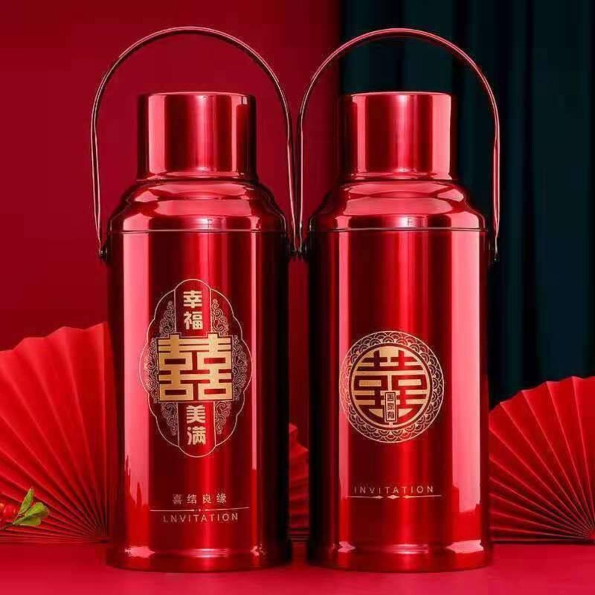 结婚陪嫁暖壶一对红色热水瓶高档结婚电壶婚庆用品不锈钢保温暖壶