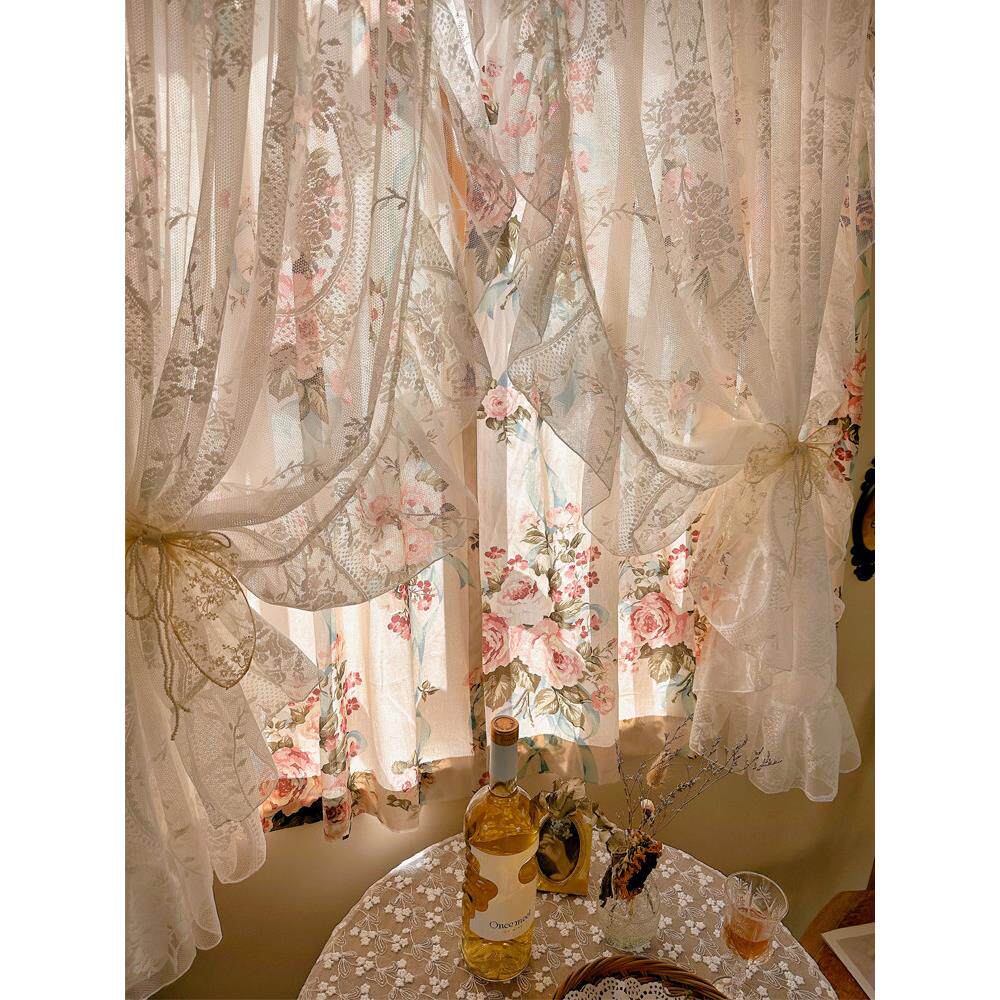 法式覆古大花印花布纱一体蕾丝风透光不透人半遮光双层窗帘隔断窗