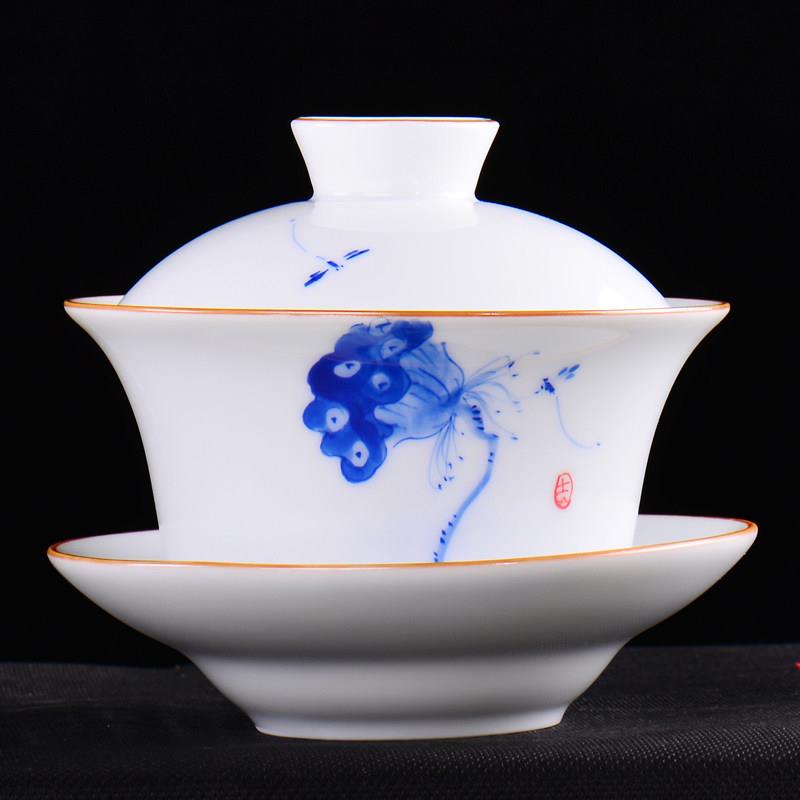 陶瓷三才盖碗茶杯复古中国风龙敬茶杯青花茶楼火锅四川菜茶碗大号