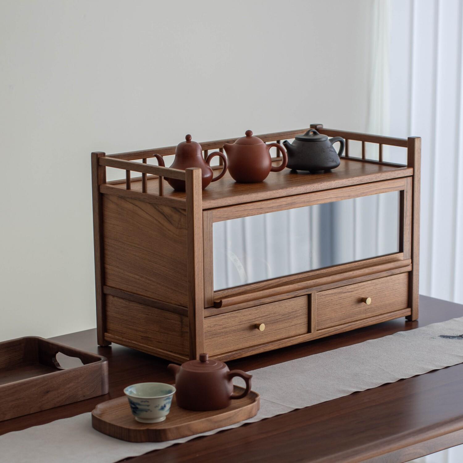 缅甸柚木实木茶具茶杯架紫砂茶壶收纳柜 桌面展示博古架置物架子