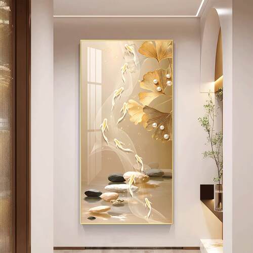 九鱼图轻奢简约现代高档入户玄关装饰画走廊过道挂画西墙聚财壁画