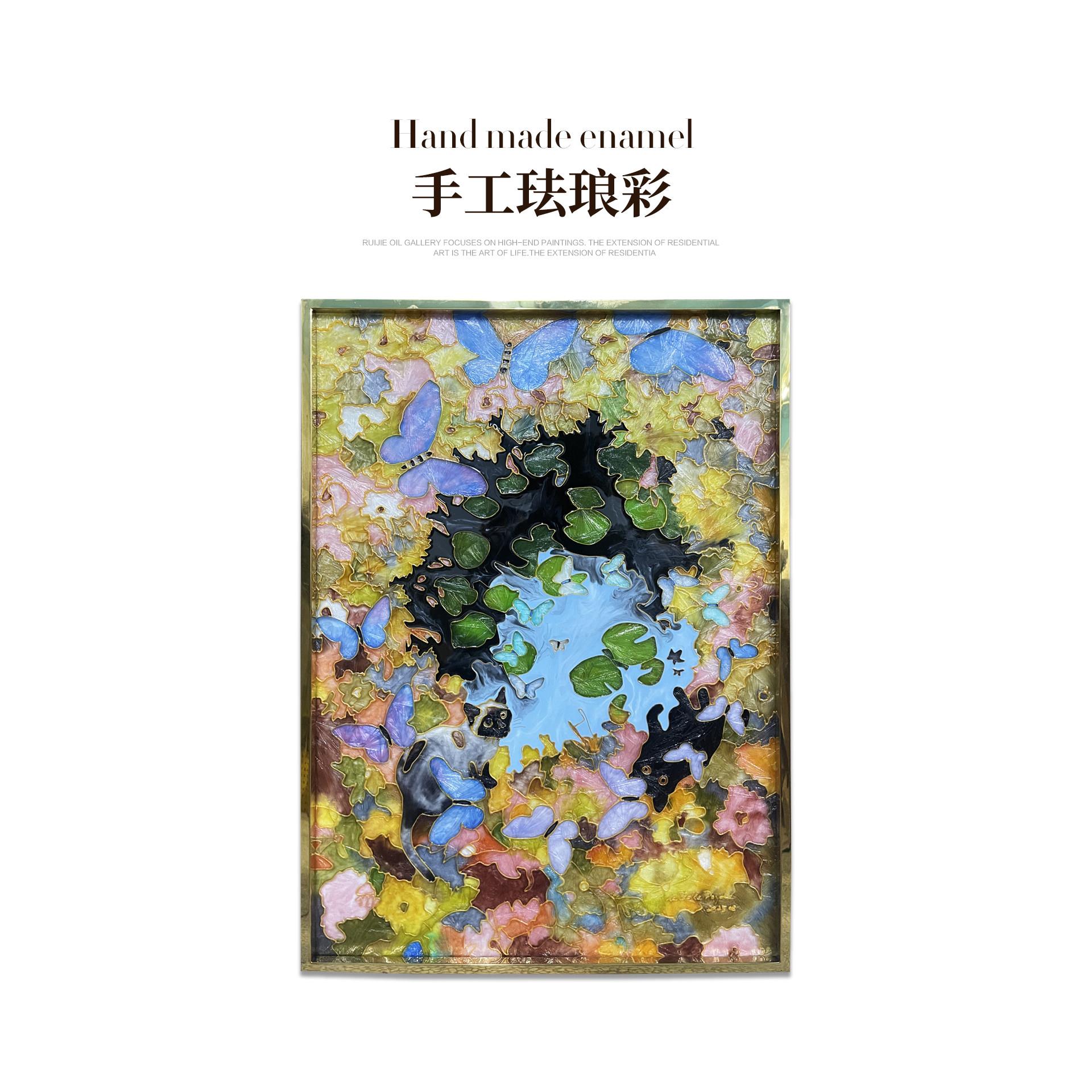 瑞杰 珐琅彩画《莫奈睡莲湖畔》现代轻奢入户玄关装饰画 多巴胺画