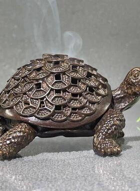 古玩铜器收藏金钱乌龟茶道香炉摆件镂空香薰炉家居客厅茶桌装饰品