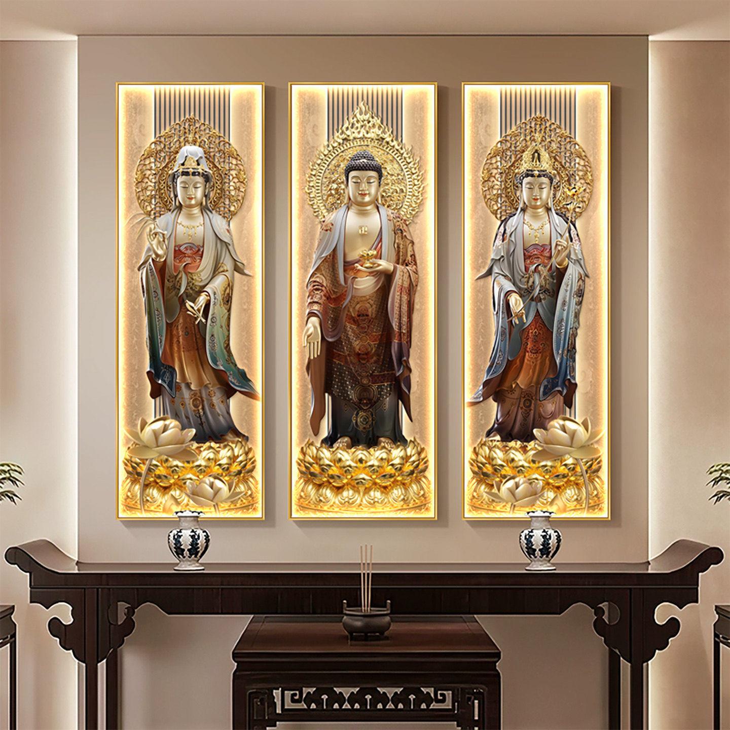 新中式西方三圣装饰画客厅有框挂画可定制灯光效果佛像三联壁画