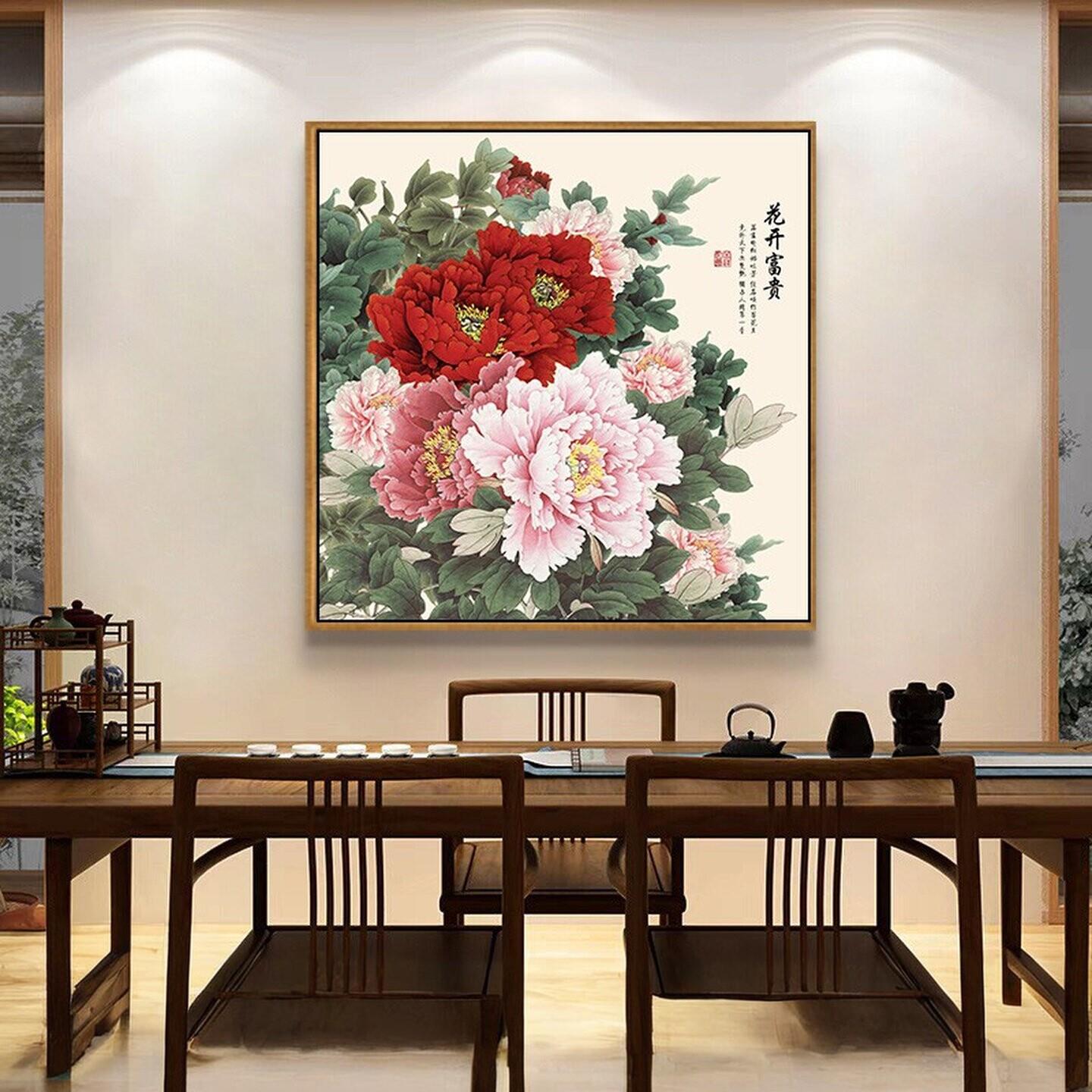 花开富贵客厅装饰画牡丹花挂画玄关背景墙壁画中式餐厅牡丹图国画